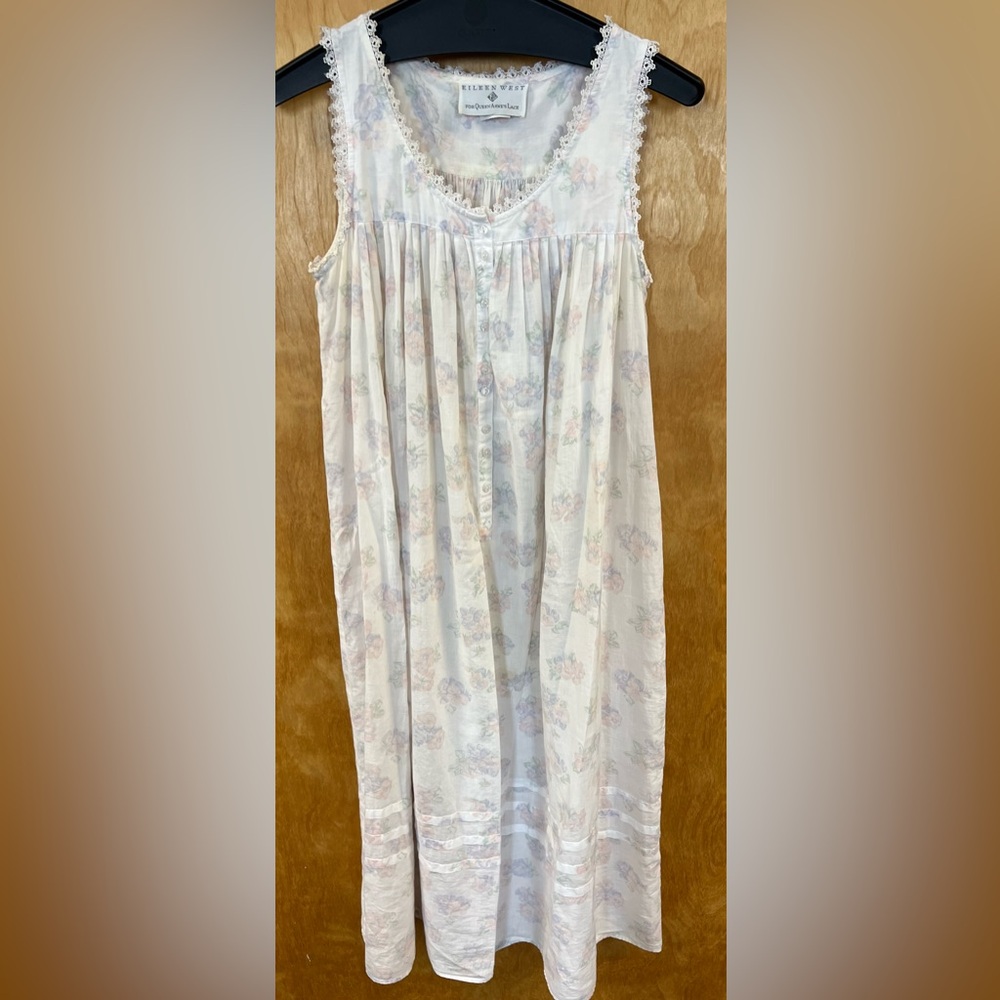 Vtg Eileen West Queen Annes Lace Nightgown Womens Petite Floral Cottage Core